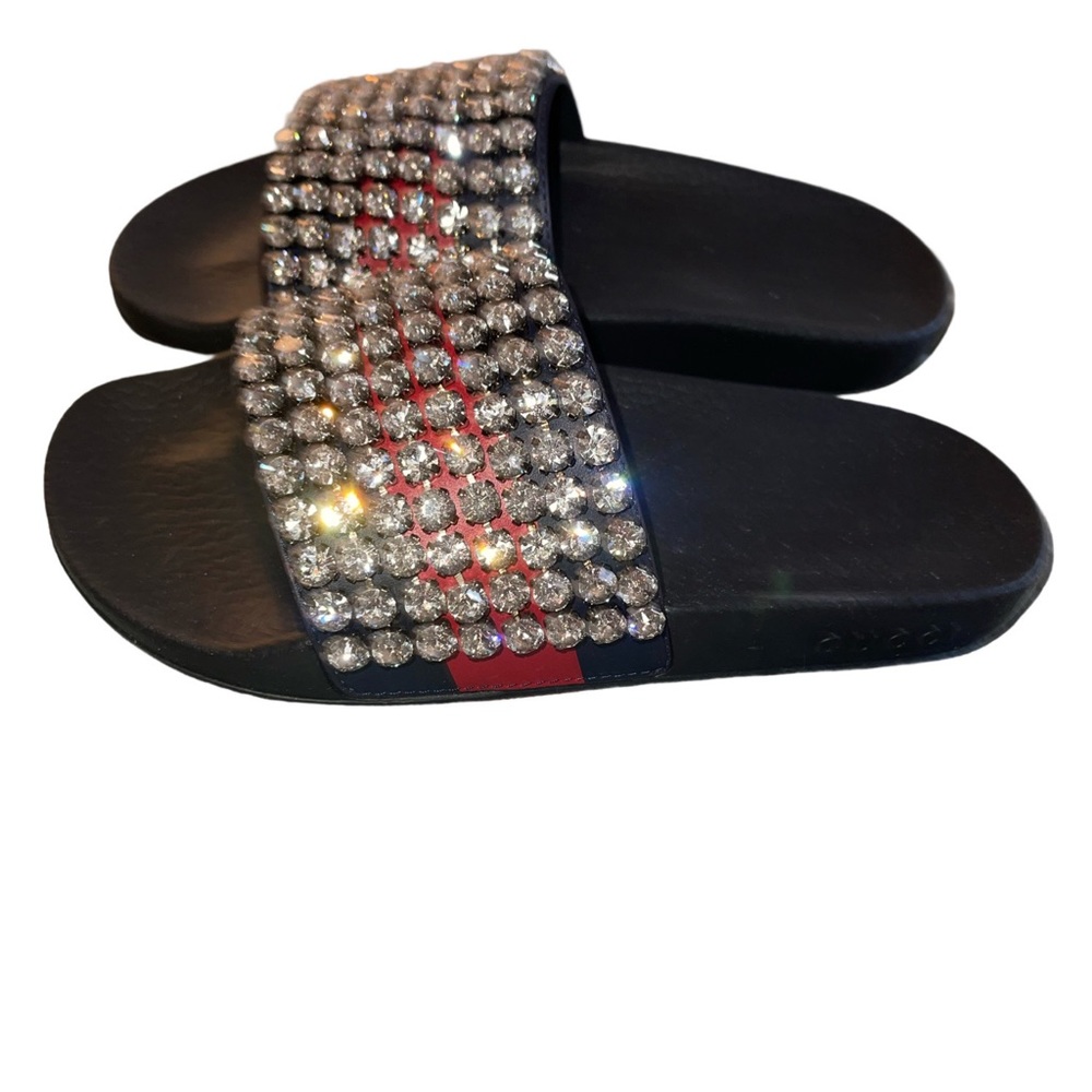 Gucci Calfskin Crystal Embellished Web Slide Sandals Blue Red